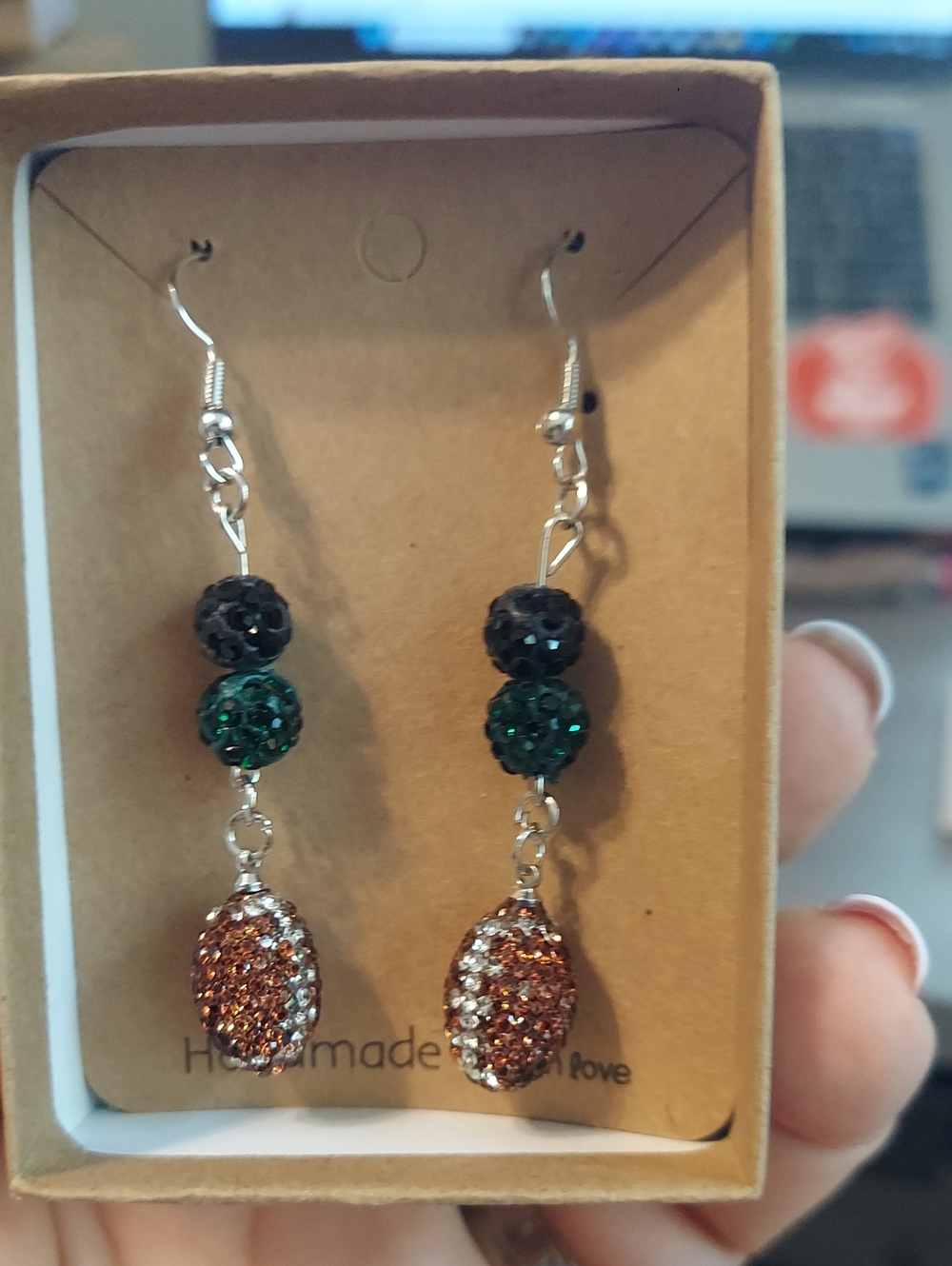 Handmade Green and Black Crystal Drop Earrings Eagles Or Jets Football Colors